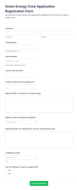 Green Energy Crew Application Registration Form Template