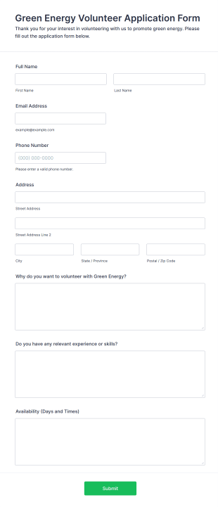 Green Energy Volunteer Application Form Template