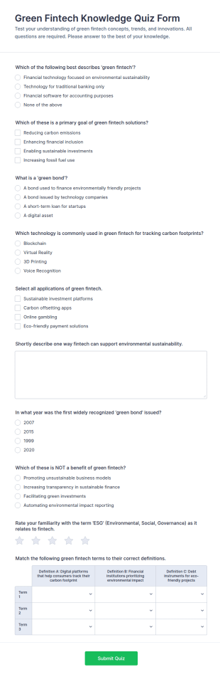 Green Fintech Knowledge Quiz Form Template