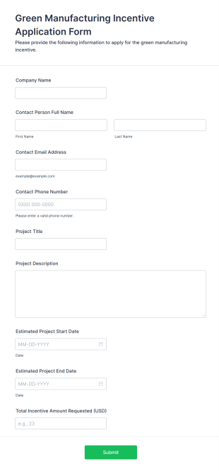 Green Manufacturing Incentive Application Form Form Template