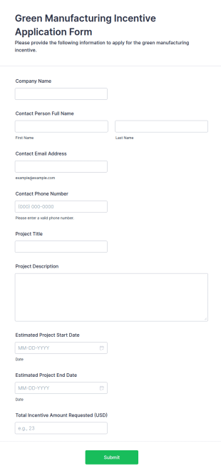 Green Manufacturing Incentive Application Form Template