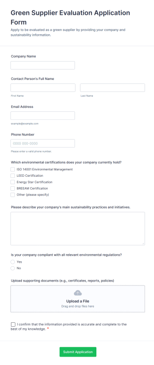 Green Supplier Evaluation Application Form Template