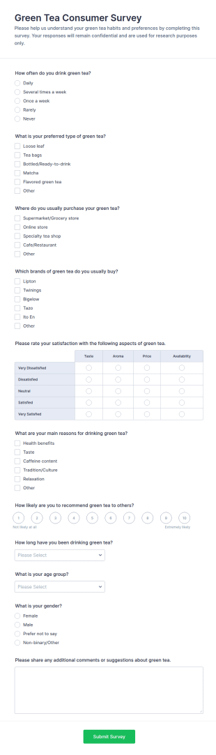 Green Tea Consumer Survey Form Template