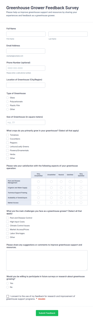 Greenhouse Grower Feedback Survey Form Template
