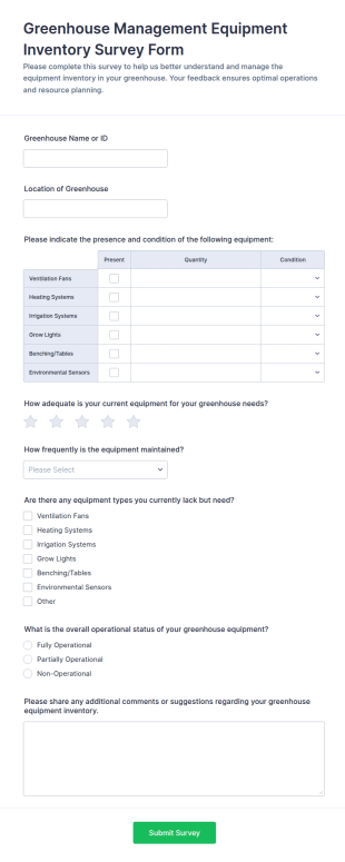 Greenhouse Management Equipment Inventory Survey Form Template