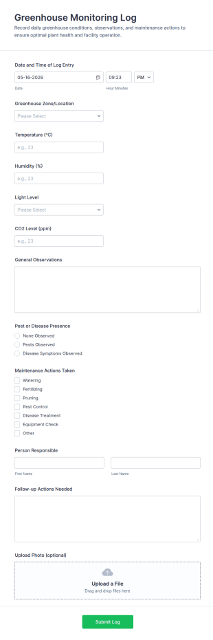 Greenhouse Monitoring Log Form Template