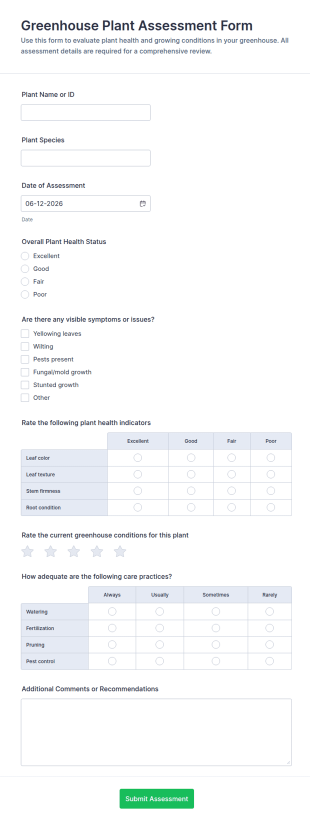 Greenhouse Plant Assessment Form Template