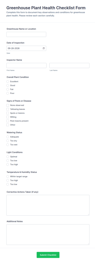 Greenhouse Plant Health Checklist Form Template