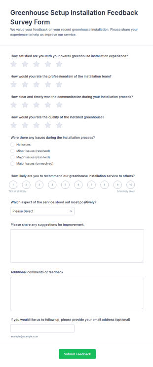 Greenhouse Setup Installation Feedback Survey Form Template