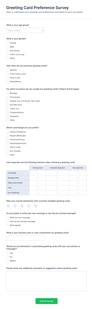 Greeting Card Preference Survey Form Template