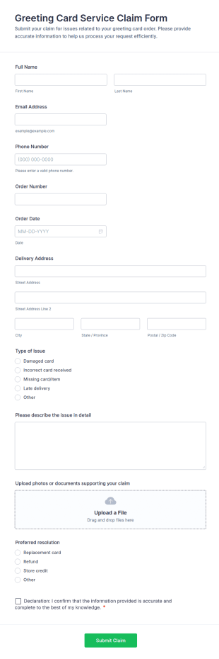 Greeting Card Service Claim Form Template