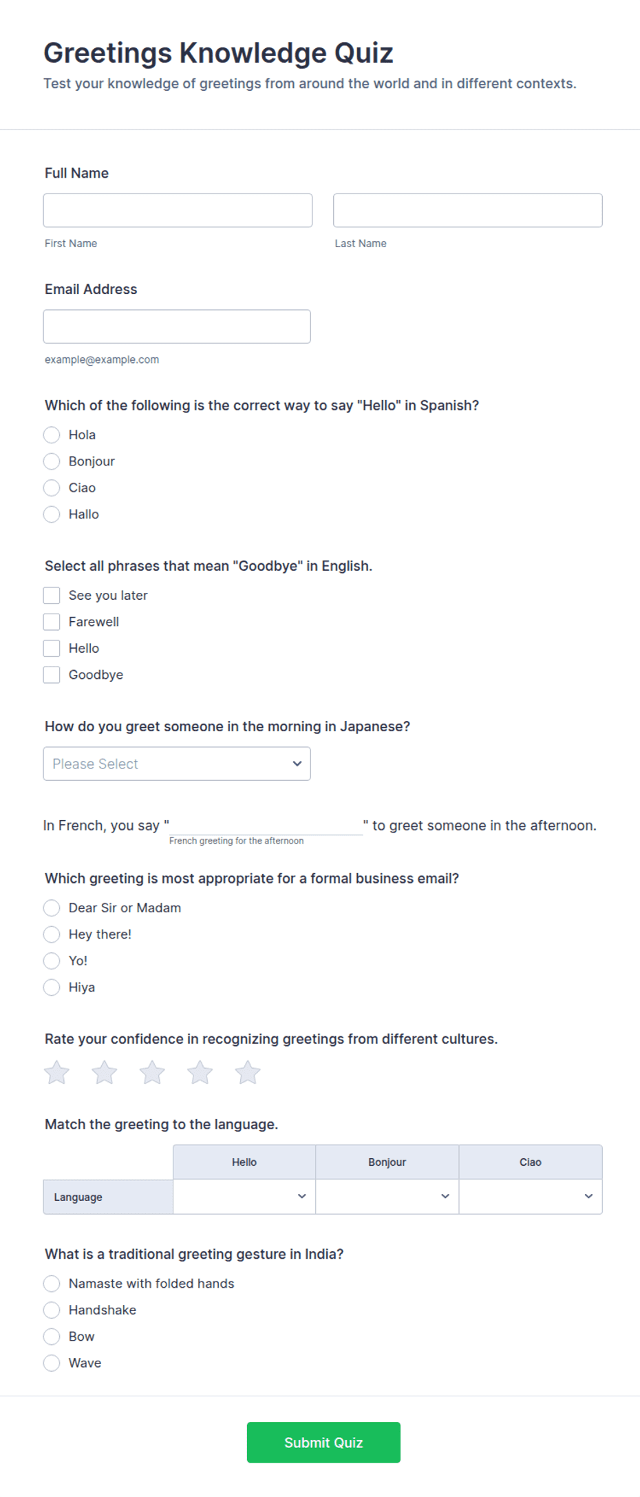 Greetings Knowledge Quiz Form Template | Jotform