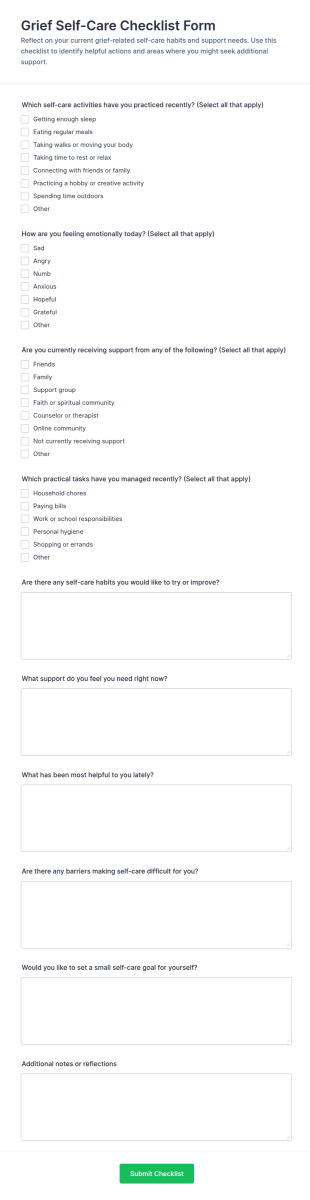 Grief Self Care Checklist Form Template