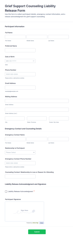 Grief Support Counseling Liability Release Form Template