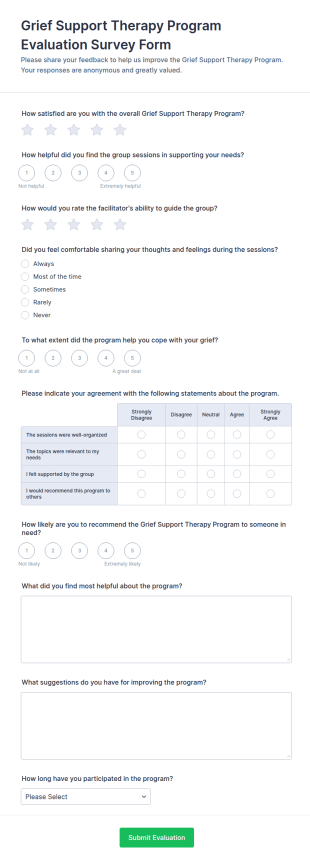 Grief Support Therapy Program Evaluation Survey Form Template