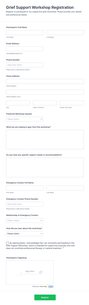 Grief Support Workshop Registration Form Template