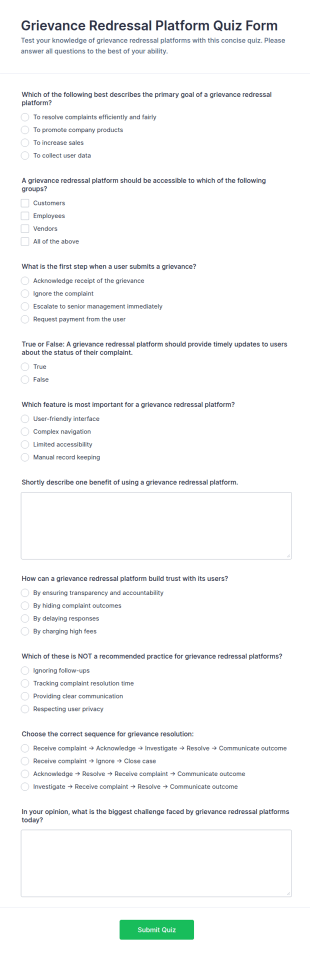 Grievance Redressal Platform Quiz Form Template