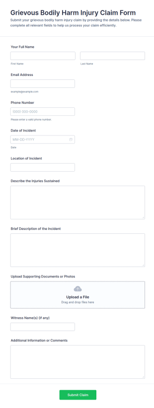 Grievous Bodily Harm Injury Claim Form Template