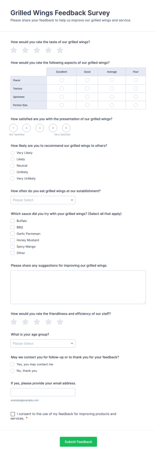 Grilled Wings Feedback Survey Form Template