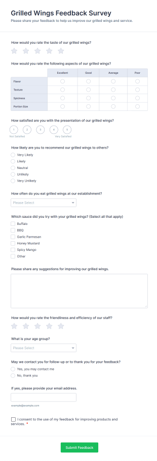 Grilled Wings Feedback Survey Form Template