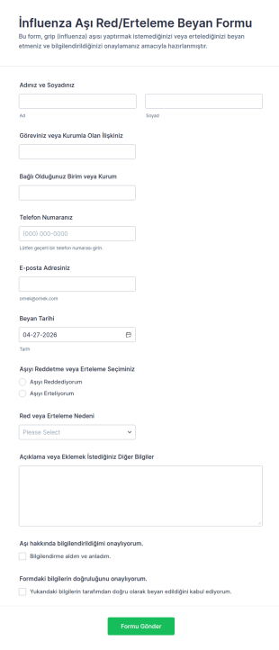 İnfluenza Aşı RedErteleme Beyan Form Şablonu