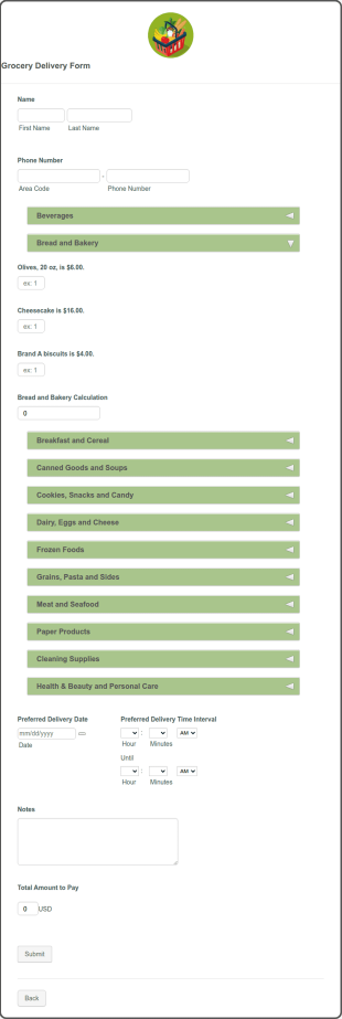 Grocery Delivery Form Template
