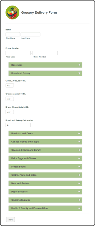 Grocery Delivery Form Template