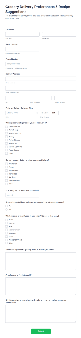 Grocery Delivery Preferences And Recipe Suggestions Form Template