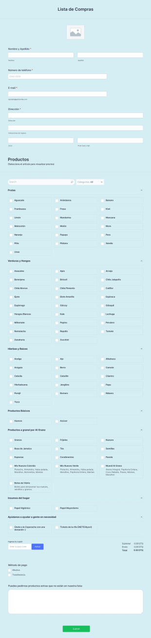 Grocery List Form Template
