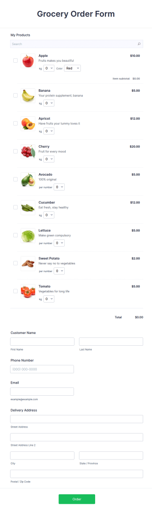 Grocery Order Form Template