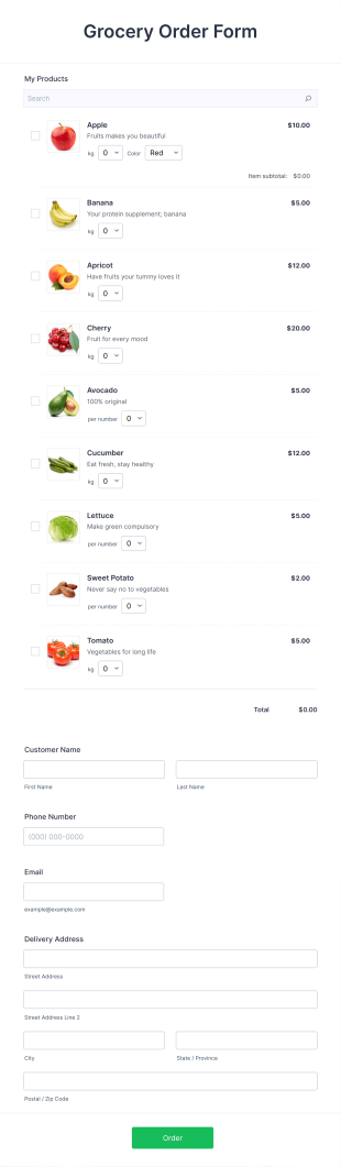 Grocery Order Form Template