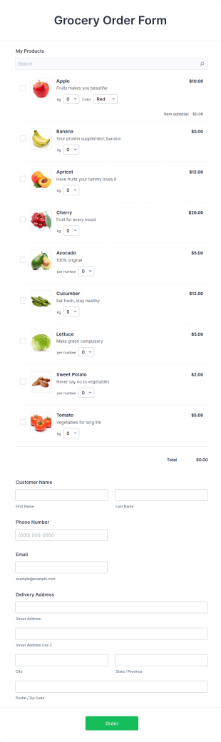 Grocery Order Form Template