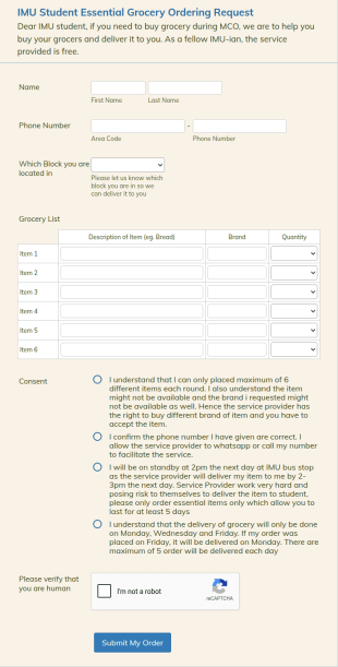 Grocery Ordering Request (PSSS) Form Template