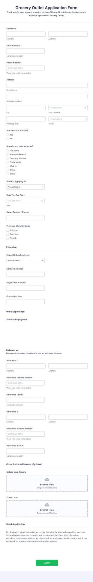 Grocery Outlet Application Form Template