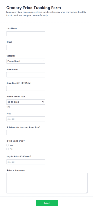 Grocery Price Tracking Form Template