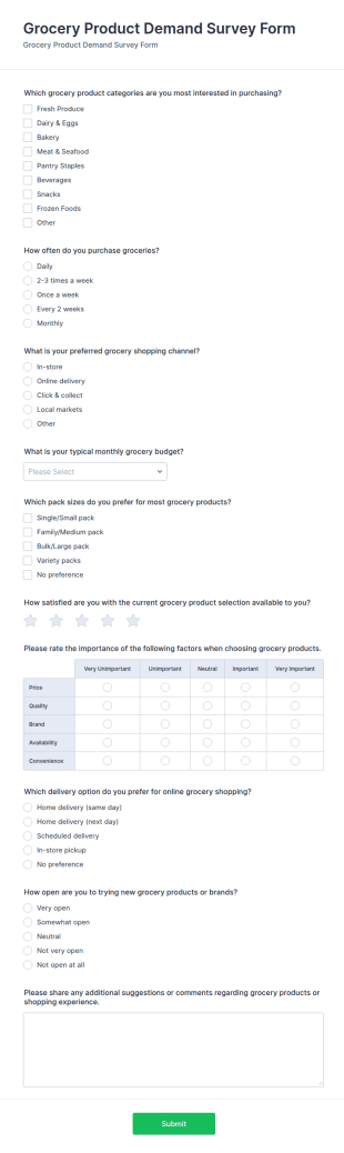 Grocery Product Demand Survey Form Template