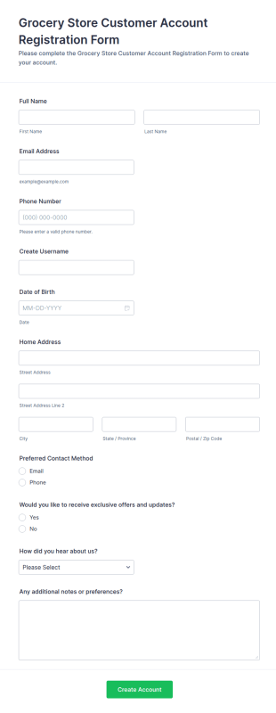 Grocery Store Customer Account Registration Form Template