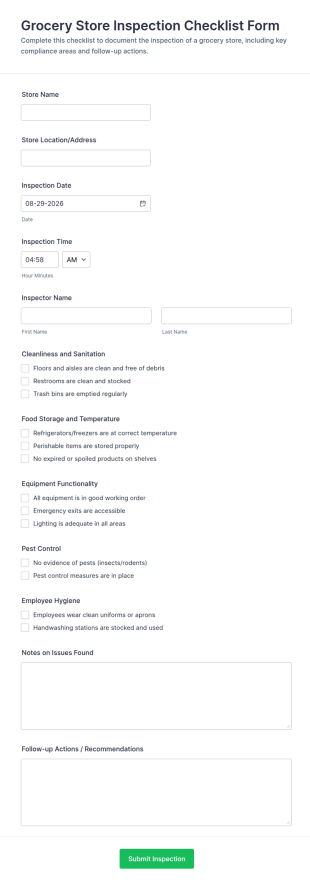 Grocery Store Inspection Checklist Form Template