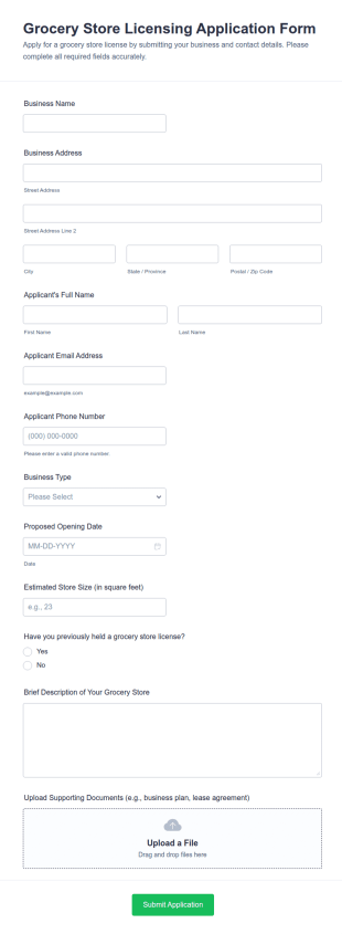 Grocery Store Licensing Application Form Template