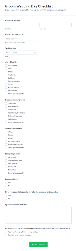 Groom Wedding Day Checklist Form Template