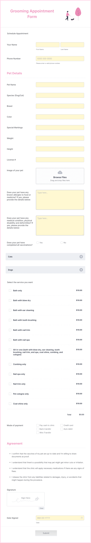 Grooming Appointment Form Template