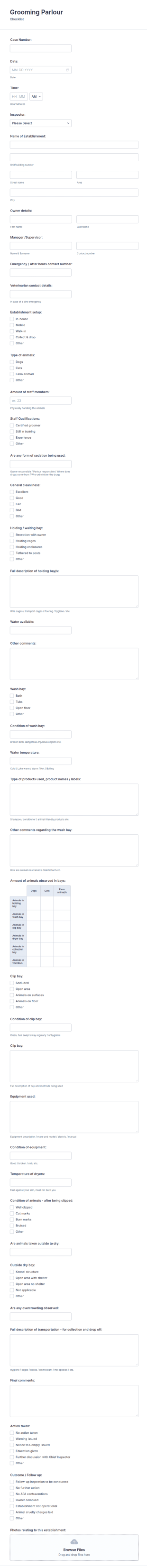 Grooming Parlour Inspection Checklist Form Template
