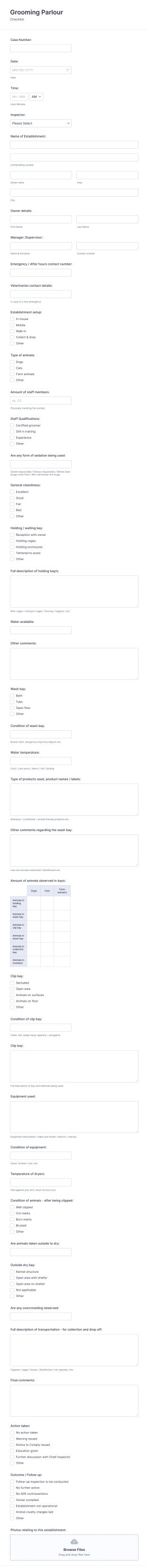 Grooming Parlour Inspection Checklist Form Template
