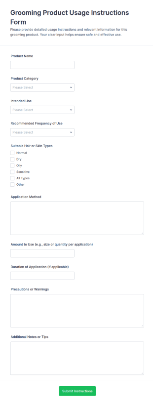 Grooming Product Usage Instructions Form Template