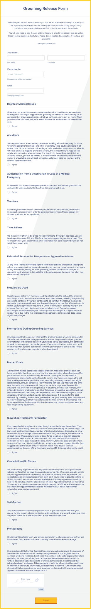 Grooming Release Form Template
