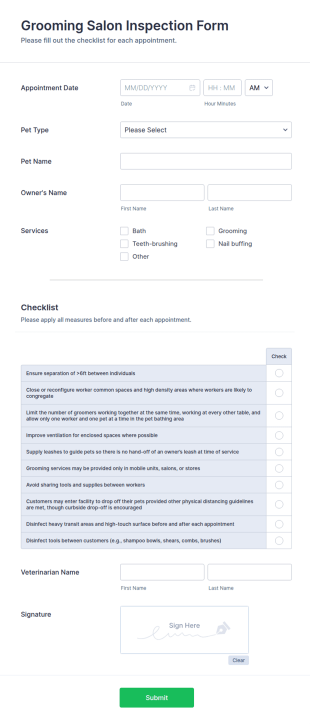 Grooming Salon Inspection Form Template