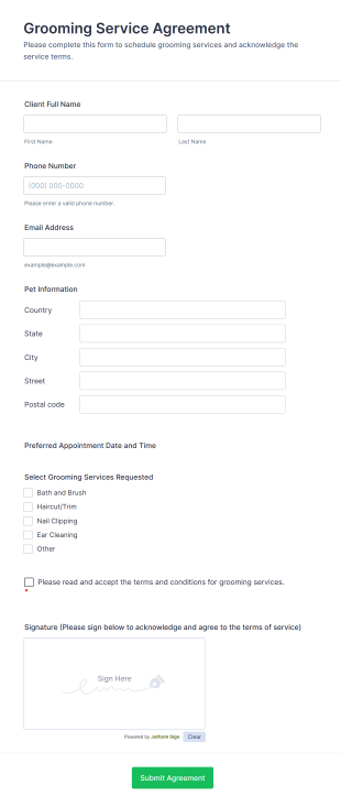 Grooming Service Agreement Form Template