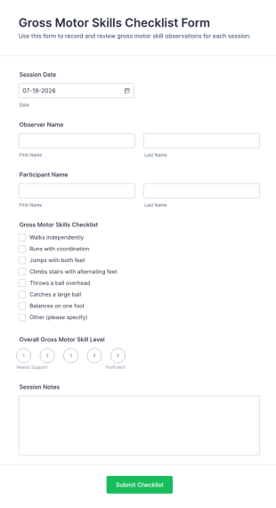 Gross Motor Skills Checklist Form Template