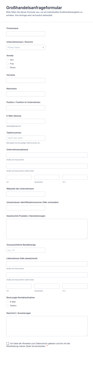 Großhandelsanfrage Formular 📋