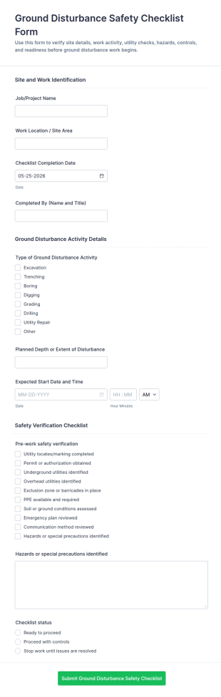 Ground Disturbance Safety Checklist Form Template